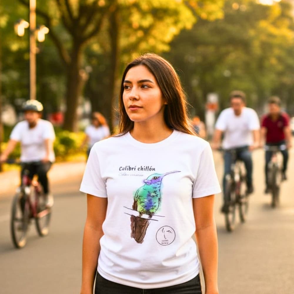 Camiseta ilustrada colibri chillon, La Tingua Bogotana — imagen de referencia